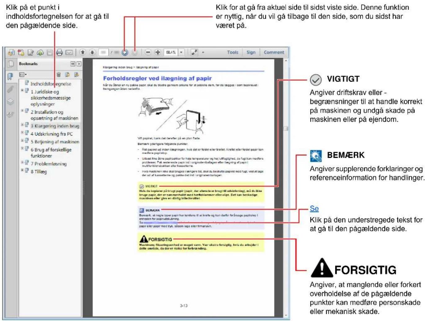 Klik på et punkt i indholdsfortegnelsen for at gå til den pågældende side. Klik for at gå fra aktuel side til sidst viste side. Denne funktion er nyttig, når du vil gå tilbage til den side, som du sidst har været på. VIGTIGT Angiver driftskrav eller - begrænsninger til at handle korrekt på maskinen og undgå skade på maskinen eller på ejendom. BEMÆRK Angiver supplerende forklaringer og referenceinformation for handlinger. Se Klik på den understregede tekst for at gå til den pågældende side. FORSIGTIG Angiver, at manglende eller forkert overholdelse af de pågældende punkter kan medføre personskade eller mekanisk skade.