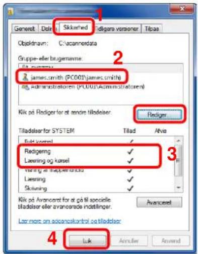 Generat Dain Sikkerhed Fidigars versioner Tilbas Objoldnavr: C:\acannədata Gruppe-eller bugenavne: 2 james.smith (PC001\james.smith) og Administratoren (PC001\Administratoren) Kik på Rediger for at tøndre tiladslær. Rediger Tiladslær for SYSTEM Tilad Ava Eid i kontrol ✓ Redgering ✓ Læsning og kørsel ✓ Naring af håppertordi ✓ Læsning ✓ Skivning ✓ 3 Kik på Avancert for at gå til specielle bladslær eller avancerede indtlinger. Avancert Lær more om asancokontrol og tiladslær Luk Ainsler Avand