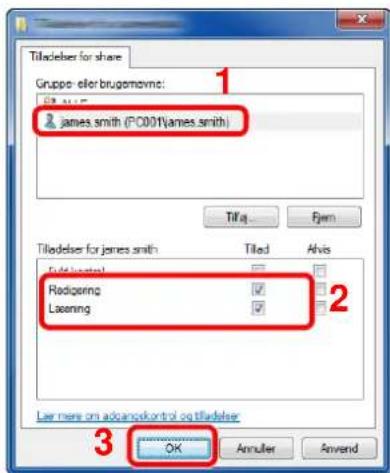 Tilecloser for share Gruppo eller brugomovne: james.smith (PC001\james.smith) Tilag... Frem Tilecloser for james.smith Tiled Avis Redigering Læsning 2 Lær mere on advancekontrol og tilecloser 3 OK Annuler Anvend