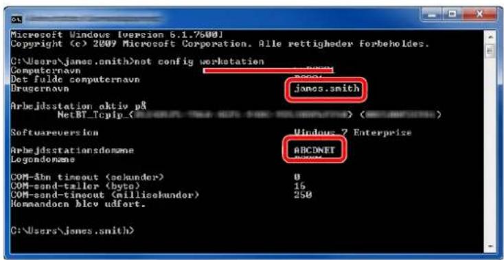 Microsoft Windows [version 6.1.7500] Copyright (c) 2009 Microsoft Corporation. Alle rettigheder Forbeholdes. C:\Users\james.smith>not config workstation Computernavn Det fulde computernavn Brugernavn Arbejdstation aktiv p& NetBT_Tcpip_ (Windows 7 Enterprise) Softwareversion Arbejdstationsdomane Logondomane COM-àbn timeout (pckunder) COM-sand-taller (byte) COM-sand-timeout (millisekunder) Commandocn blcv udfert. G:\Users\james.smith>