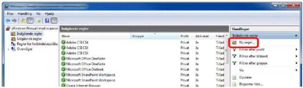 Filer Handling Vis Hjelp Windows Firewall med avancer Indglende regler Uodglende regler Regler for forbindelsessika Overvåger Indglende regler Name Gruppe Profit Aktivitet Hand Hy regel... Filter after profil Filter after tilstand Filter after gruppe Vis Opdater Eksporter liste...