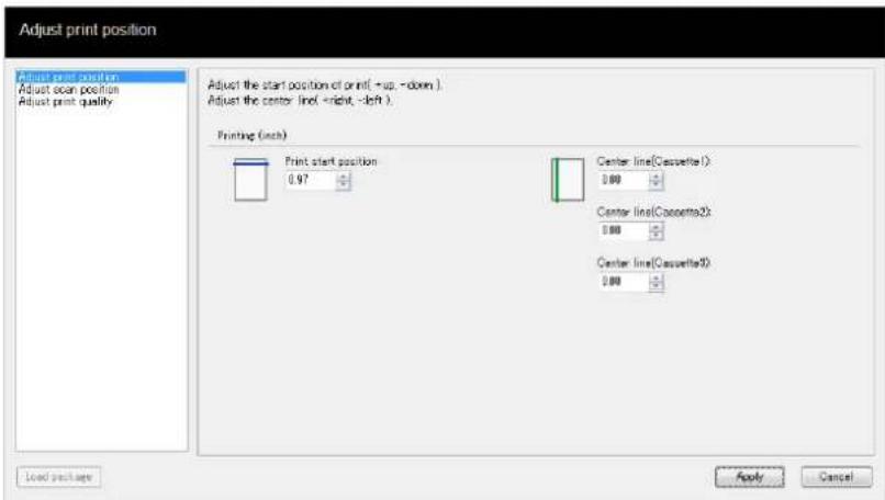 Adjust print position Adjust print position Adjust scan position Adjust print quality Adjust the start position of print(+up, -down) Adjust the center line(