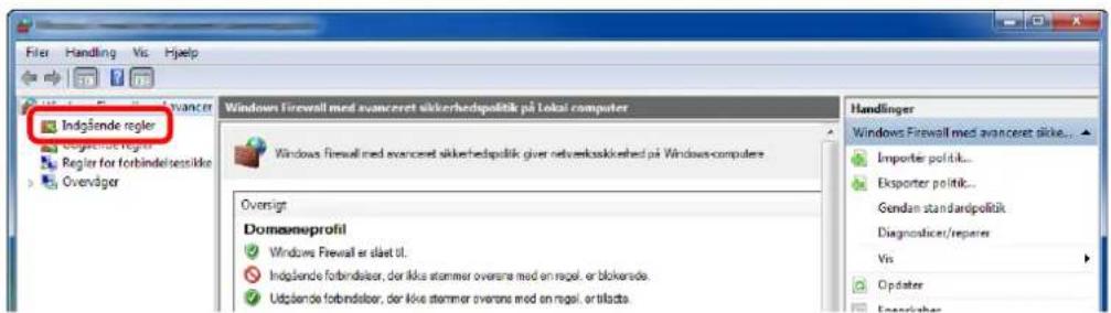 File Handling Vis Hjelp Indgående regler Bogdende regler Regler for forbindelsesstikke Overvåger Windows Firewall med avanceret sikkerhedspolitik på Lokai computer Windows Firewall med avanceret sikkerhedspolitik giver netverkosskred på Windows-computere Oversigt Domeneprofil Windows Firewall er slæt til. Indgående forbindelser, der ikke stammer oversna med en regel. er blokerde. Udpående forbindelser, der ikke stammer oversna med en regel. er tilakta Handler Windows Firewall med avanceret sikke... Importer politik... Eksporter politik... Genden standardpolitik Diagnosticer/reparer Vis Opdater Enerpåder