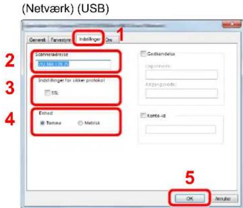 (Netværk) (USB) General Fanesym Indstlinger On 1 2 3 4 Scannetadresse 0.5 MB/100 GB Indstlinger for sikker protokol 5% Entered Tumura Matrik Gedkandelos Leguminats Kapangindots Konto-10 OK Antler