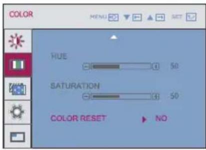 COLOR MENU SET 1 HUE 50 SATURATION 50 COLOR RESET NO