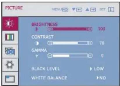 PICTURE BRIGHTNESS + - 100 CONTRAST - - 70 GAMMA - - 0 BLACK LEVEL - - LOW WHITE BALANCE - NO