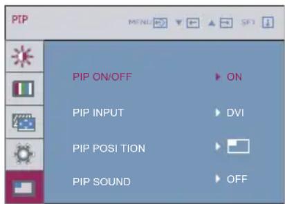 PIP PIP ON/OFF ON PIP INPUT DVI PIP POSITION OFF PIP SOUND