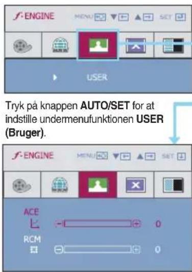 f-ENGINE MENU SET USER Tryk på knappen AUTO/SET for at indstille undermenufunktionen USER (Bruger). f-ENGINE MENU SET ACE RCM 0 0