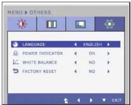MENU > OTHERS LANGUAGE ENGLISH POWER INDICATOR ON WHITE BALANCE NO FACTORY RESET NO EXIT