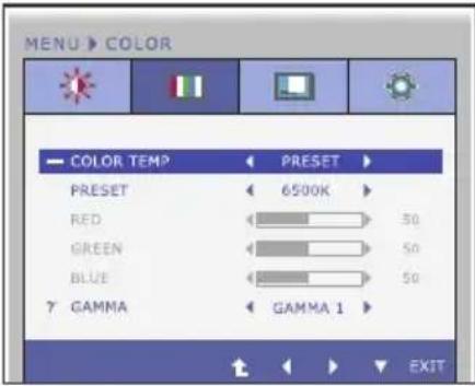 MENU > COLOR COLOR TEMP PRESET PRESET 6500K RED 50 GREEN 50 BLUE 50 7 GAMMA GAMMA 1 EXIT