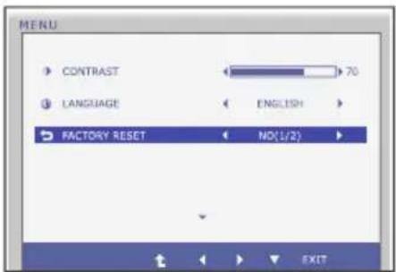 MENU CONTRAST 70 LANGUAGE ENGLISH FACTORY RESET NO(1/2) EXIT