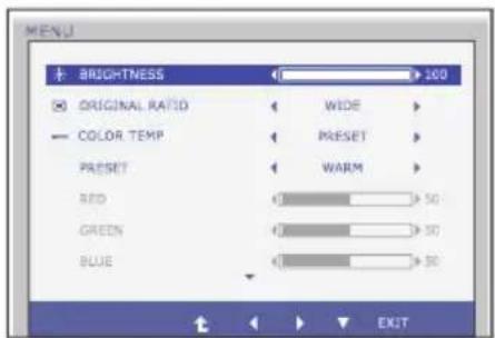 BRIGHTNESS ORIGINAL RATIO WIDE COLOR TEMP PRESET WARM RED 50 GREEN 50 BLUE 50 EXIT
