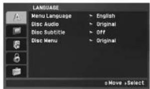 LANGUAGE Menu Language > English Disc Audio > Original Disc Subtitle > Off Disc Menu > Original Move > Select