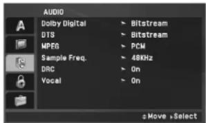 AUDIO Dolby Digital DTS MPEG Sample Freq. DRC Vocal Bitstream Bitstream PCM 48KHz On On ±Move ,Select