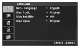 LANGUAGE Menu Language > English Disc Audio > Original Disc Subtitle > Off Disc Menu > Original Move > Select