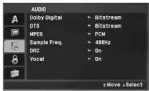AUDIO Dolby Digital OTS MPED Sample Freq. DRC Vocal Bitstream Bitstream PCM 48KHz On On ±Move ,Select