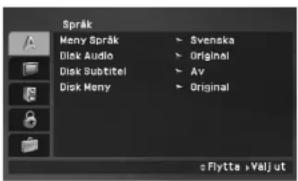 Språk Meny Språk > Svenska Disk Audio > Original Disk Subtitel > Av Disk Meny > Original Flytta + Valj ut