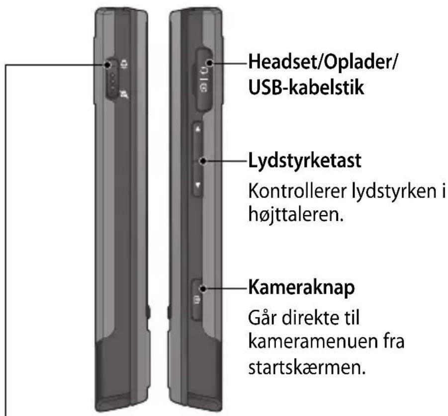Headset/Oplader/ USB-kabelstik Lydstyrketast Kontrollerer lydstyrken i højttaleren. Kameraknap Går direkte til kameramenuen fra startskærmen.