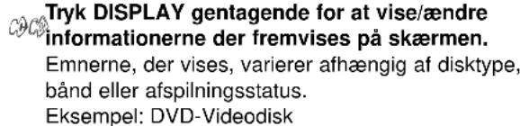 Tryk DISPLAY gentagende for at vise/ændre informationerne der fremvises på skærmen. Emnerne, der vises, varierer afhængig af disktype, bånd eller afspilningsstatus. Eksempel: DVD-Videodisk