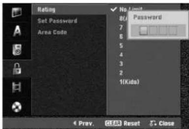 Rating Set Password Area Code 8/ Password 7 6 5 4 3 2 1(Kode) Prev. Clear Reset Close