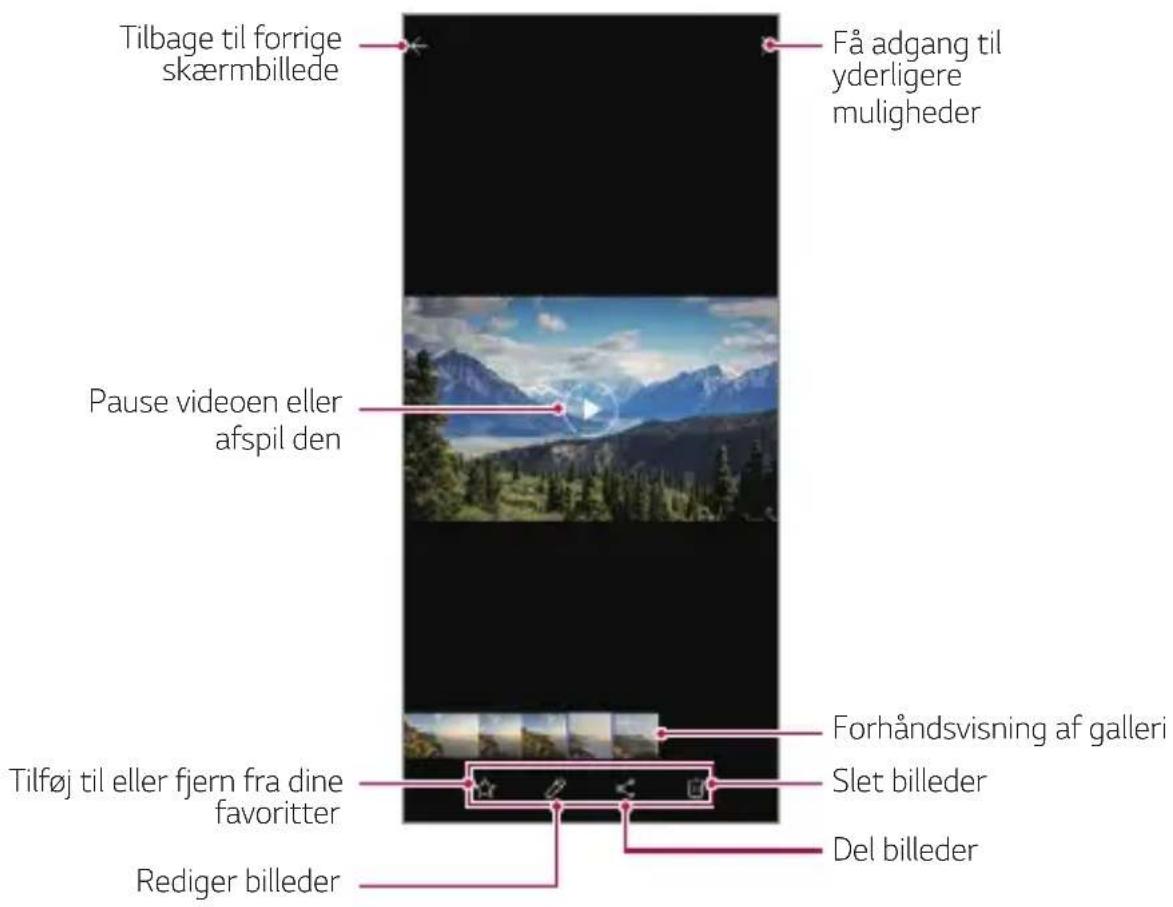 Tilbage til forrige skæmbillede Få adgang til yderligere muligheder Pause videoen eller afspil den Forhåndsvisning af galleri Slet billeder Del billeder Tilføj til eller fjern fra dine favoritter Rediger billeder
