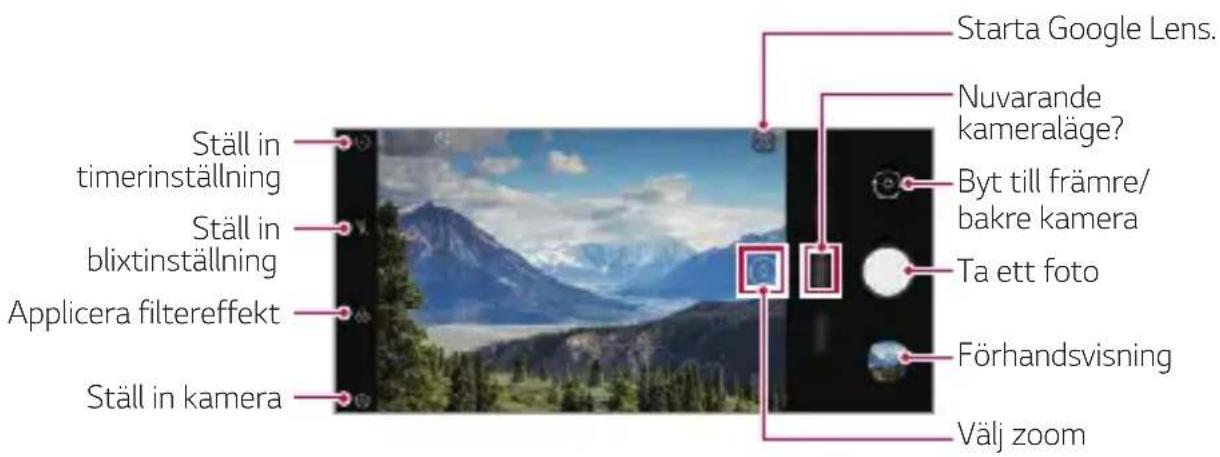 Starta Google Lens. Nuvarande kameraläge? Byt till främre/ bakre kamera Ta ett foto Förhandsvisning Välj zoom Ställ in timerinställning Ställ in blixtinställning Applicera filtereffekt Ställ in kamera