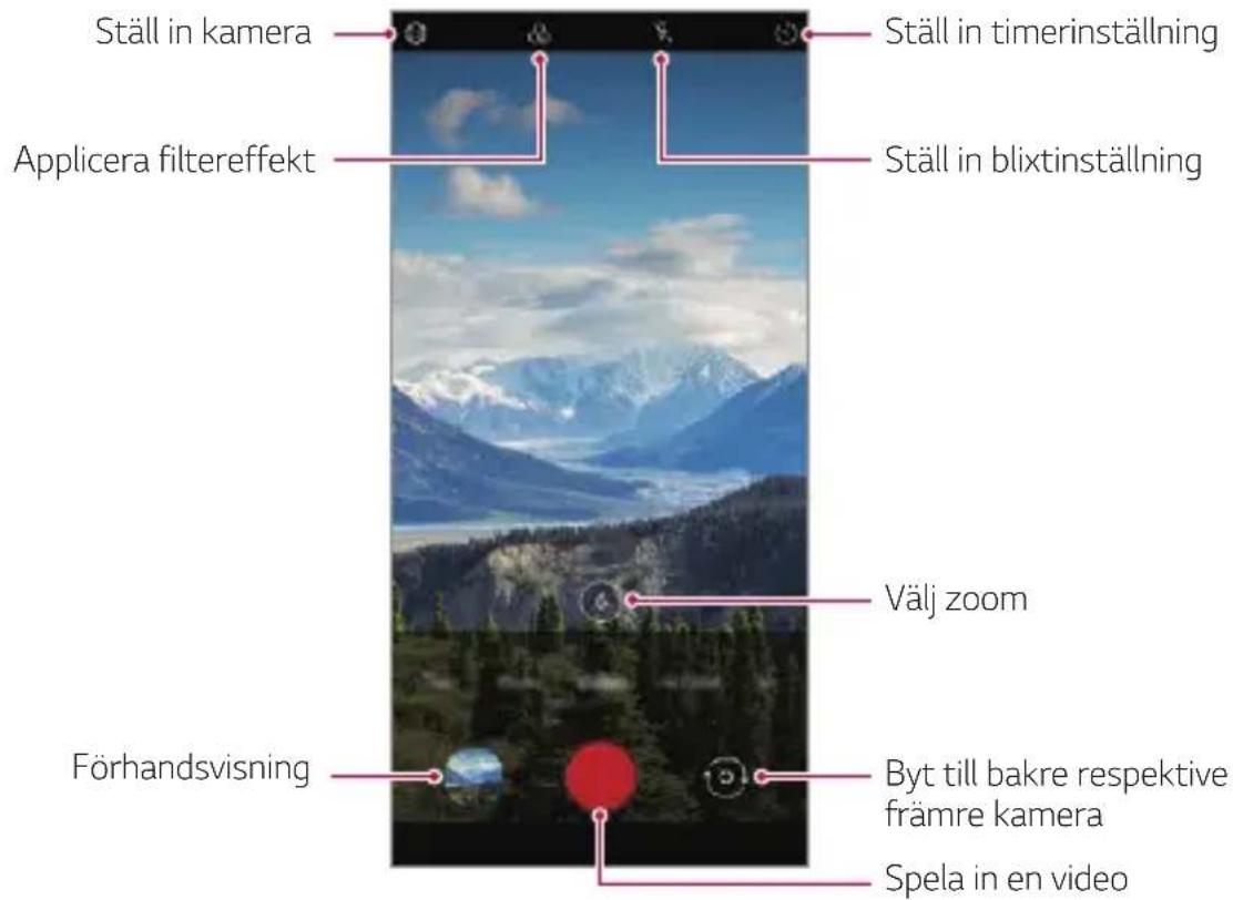 Ställ in kamera Applicera filtereffekt Ställ in timerinställning Ställ in blixtinställning Välj zoom Förhandsvisning Byt till bakre respektive främre kamera Spela in en video