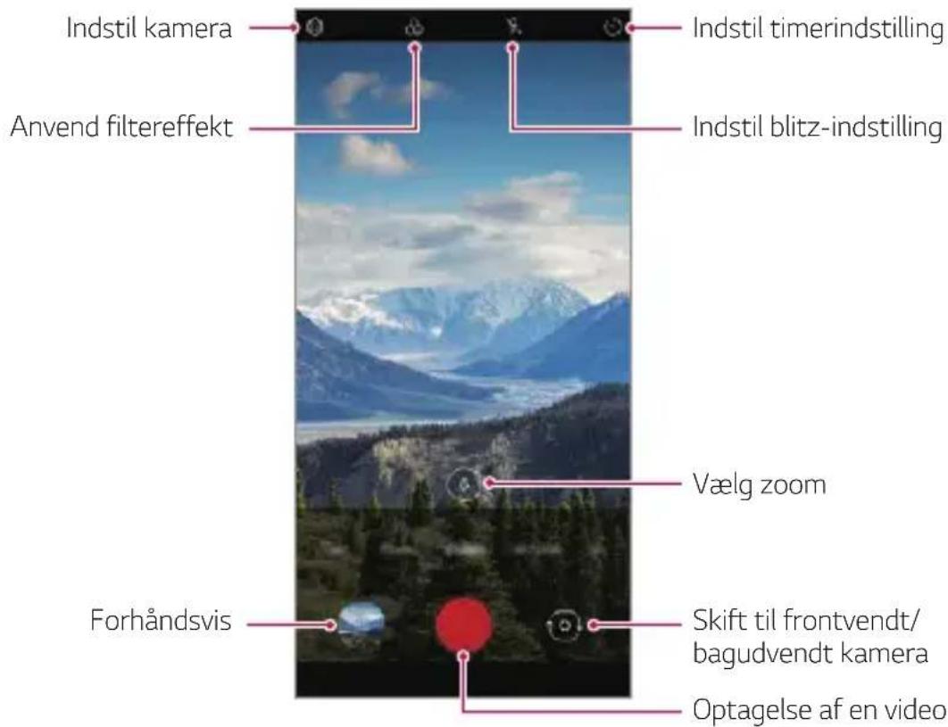 Indstil kamera Anvend filtereffekt Indstil timerindstilling Indstil blitz-indstilling Vælg zoom Forhåndsvis Skift til frontvendt/ bagudvendt kamera Optagelse af en video