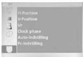 H-Position V-Position Ur Clock phase Auto-indstilling Pc-indstilling
