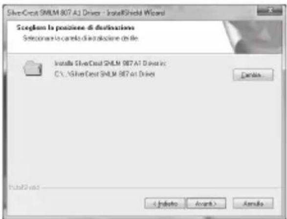 SilverCreat SMLM 807 A1 Driver - InstallShield Wizard Scogloss la posizione di destinazione Sezione è lo corrisso di blozione di file Install SilverCreat SMLM 807 A1 Driver: C:\SilverCreat SMLM 807 A1 Driver Danda < Induto > Avanti > Evento