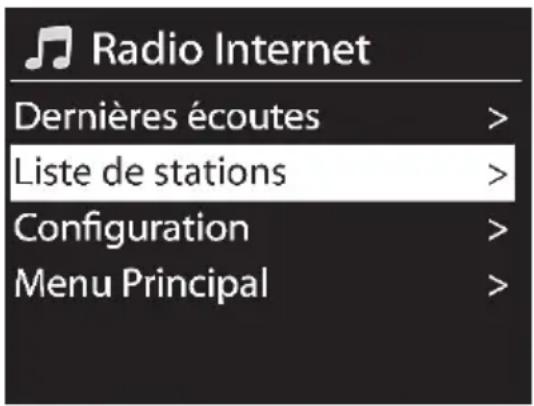 Radio Internet Dernières écoutes > Liste de stations > Configuration > Menu Principal >
