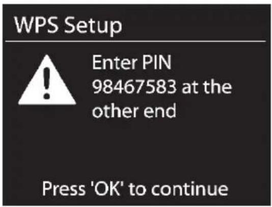 WPS Setup Enter PIN 98467583 at the other end Press 'OK' to continue