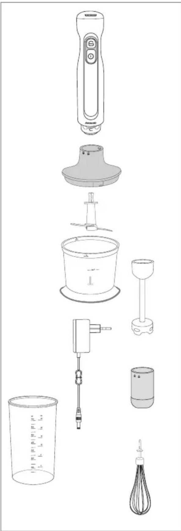 Exploded view diagram of a smart appliance with labeled parts including power shaver, blender, and whisk.