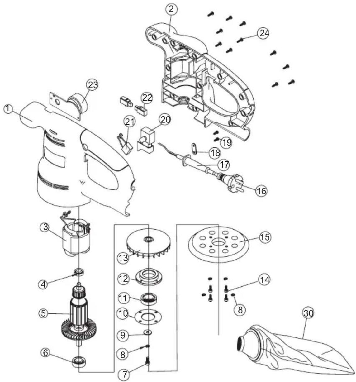 Exploded view diagram of a hair dryer with numbered parts for identification and assembly reference.