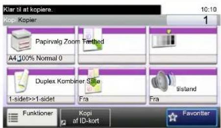 Klar til at kopiere. 10:10 Kop. Kopier Papirvalg Zoom Method A4 100% Normal 0 Duplex Kombiner Sälla 1-sidet>>1-sidet Fra Fra tilstand Funktioner Kopi af ID-kort Favoriter