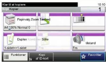 Klar til at kopiere. 10:10 Kopi. Kopier Papirvalg Zoom Tætmed A4 100% Normal 0 Duplex Kombiner Stille 1-sidet>>1-sidet Fra Fra tilstand Funktioner Kopi af ID-kort Favorite