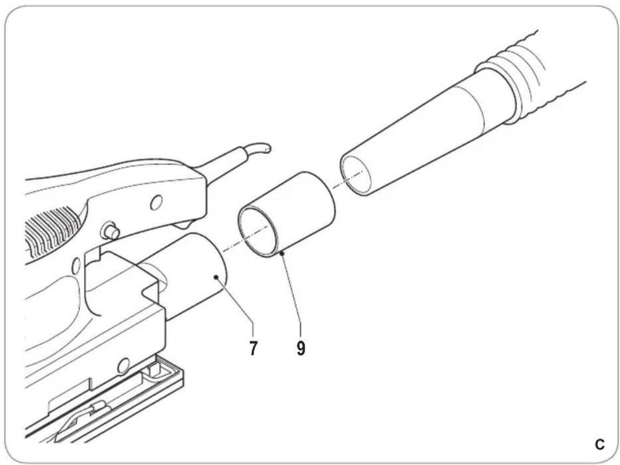 Technical diagram of a mechanical device with labeled parts 7 and 9, showing assembly or assembly steps.
