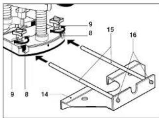 Technical diagram of a mechanical assembly with numbered components and directional arrows indicating motion or assembly.