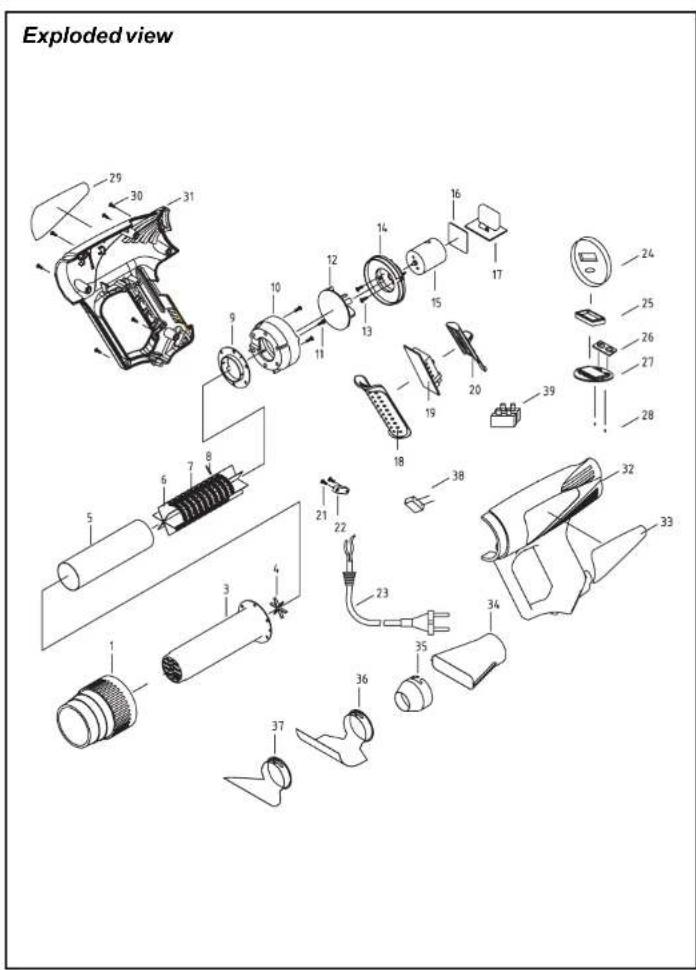 Exploded view 29 30 31 9 10 11 12 13 14 15 16 17 24 25 26 27 28 39 38 32 33 21 22 23 34 35 36 37