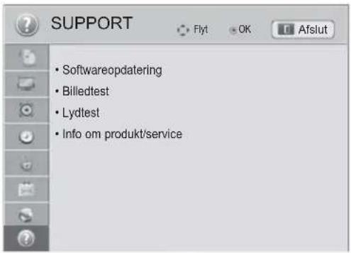 SUPPORT • Softwareopdatering • Billedtest • Lydtest • Info om produkt/service