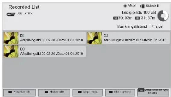 Recorded List USB1.XTICK Afspil Sideskft Ledig plads 100 GB 79t 03m 31t 37m Maerkningstilstand 1/1 side D1 Afspilningstid 00:02:30 /Data:01.01.2010 D2 Afspilningstid 00:02:30 /Data:01.01.2010 D3 Afspilningstid 00:02:30 /Data:01.01.2010 ■ Afmarker site ■ Marker site ■ Afspil mark ■ Slot markers ■ Mæstmarkanda bidende