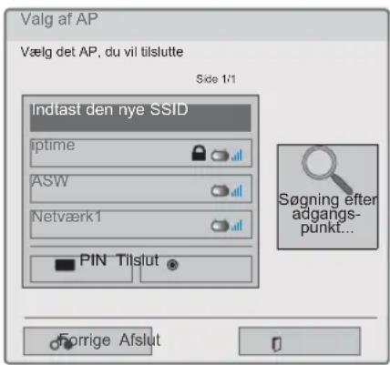 Valg af AP Vælg det AP, du vil tilslutte Sde 1/1 Indtast den nye SSID iptime ASW Netværk1 PIN Tilslut Søgning efter adgangs- punkt... Forrige Afslut