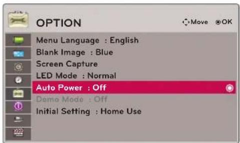 OPTION Menu Language : English Blank Image : Blue Screen Capture LED Mode : Normal Auto Power : Off Demo Mode : Off Initial Setting : Home Use