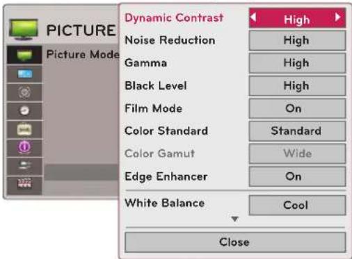 PICTURE Picture Mode Dynamic Contrast Noise Reduction Gamma Black Level Film Mode Color Standard Color Gamut Edge Enhancer White Balance High High High On Standard Wide On Cool Close