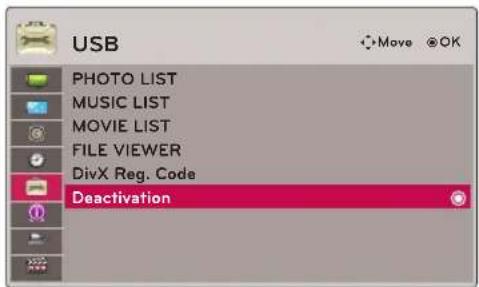 USB PHOTO LIST MUSIC LIST MOVIE LIST FILE VIEWER DivX Reg. Code Deactivation