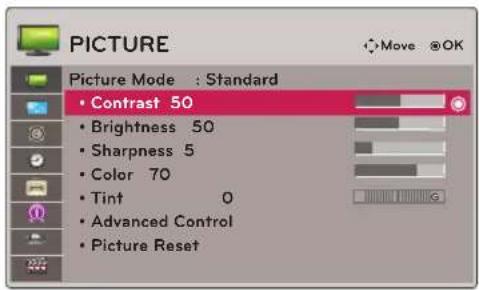 PICTURE Move @OK Picture Mode : Standard • Contrast 50 • Brightness 50 • Sharpness 5 • Color 70 • Tint 0 • Advanced Control • Picture Reset