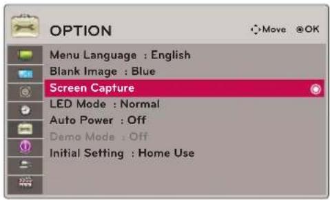 OPTION Menu Language : English Blank Image : Blue Screen Capture LED Mode : Normal Auto Power : Off Demo Mode : Off Initial Setting : Home Use