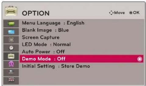 OPTION Menu Language : English Blank Image : Blue Screen Capture LED Mode : Normal Auto Power : Off Demo Mode : Off Initial Setting : Store Demo