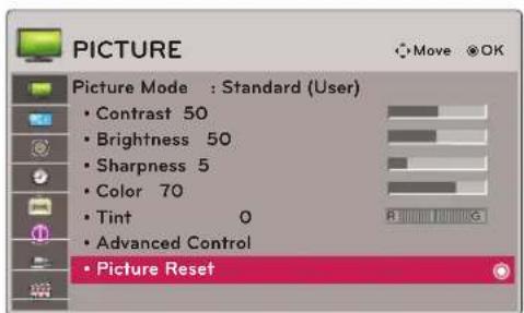PICTURE Picture Mode : Standard (User) • Contrast 50 • Brightness 50 • Sharpness 5 • Color 70 • Tint 0 • Advanced Control • Picture Reset