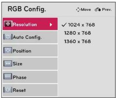 RGB Config. Move Prev. Resolution ✓ 1024 x 768 Auto Config. 1280 x 768 Position 1360 x 768 Size Phase Reset